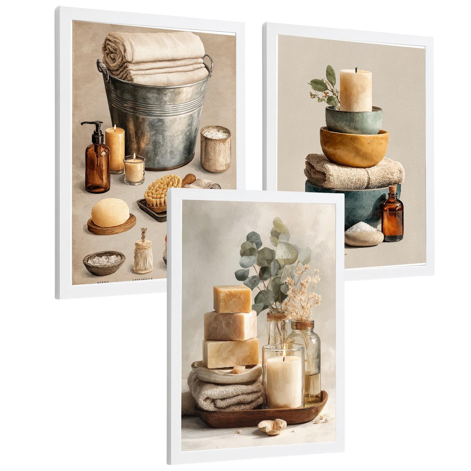 POSTER Set aus 3 Badezimmer Wandbildern und Drucke zur Dekoration für Waschbecken Dusche WC und Bad mit Kerzen Seifen und Handtüchern Weißer Rahmen A4 - Weiß, Papier (29.7/21/3cm) - Nacnic