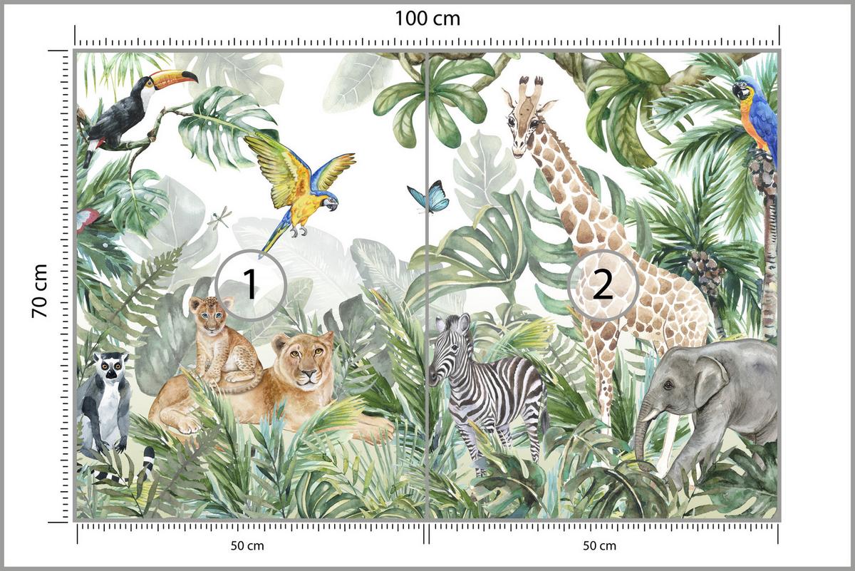 FOTOTAPETE für Kinderzimmer Tropen Dschungel Tiere Palmen Monstera 100x70 - Beige/Orange, Papier (100/70cm) - Muralo