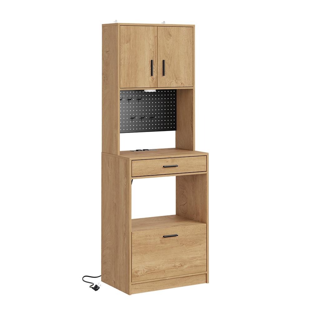 KÜCHENTURM mit Steckdose und Lochwand FSB98-E-N - Ahornfarben/Schwarz, Holzwerkstoff/Fell (60/170/40cm) - SoBuy