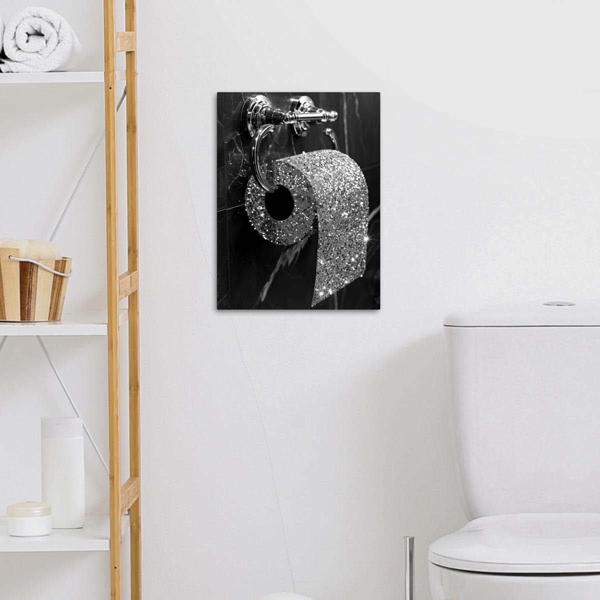 LEINWANDBILD WC - Toilettenpapier - Schwarz und weiß - Glitter Room Decor 30x40 cm - Silberfarben, Textil (30/40cm) - MuchoWow