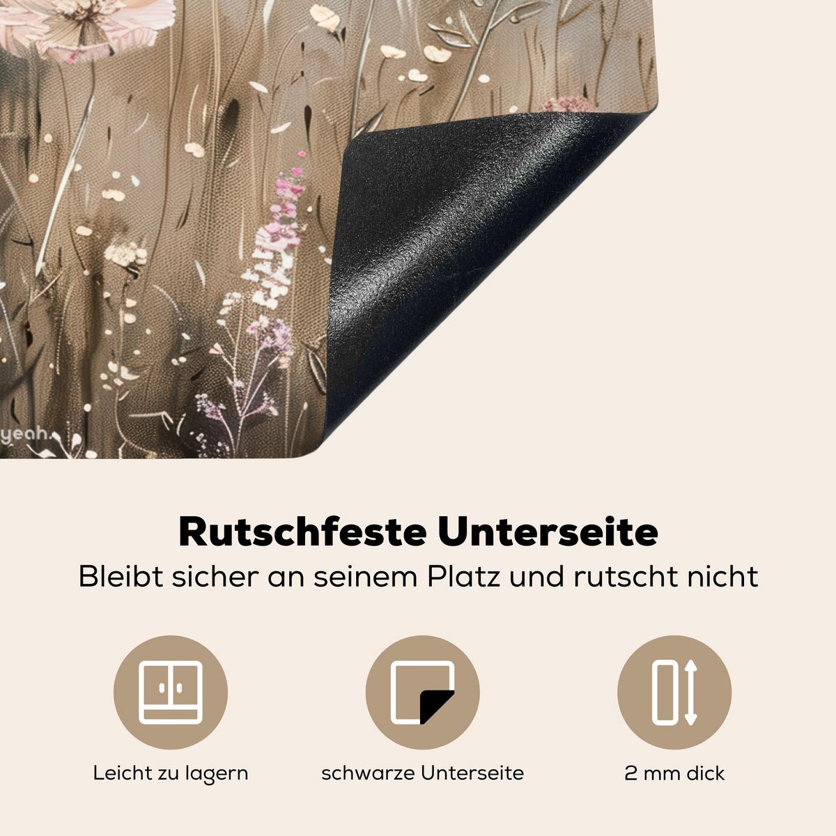 HERDABDECKPLATTE Blumen - Beige - Trockenblumen Herdabdeckung Induktionsfeld 65x52 cm - Beige, Kunststoff (65/52/0.2cm) - MuchoWow