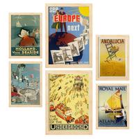 POSTER Set Mit 6 Europa Vollfarbige Illustrationen Von Vintage Tourismus Werbetafeln Aus Der Ganzen Welt A3 & A4 Rahmen Aus Hellem Holz - Beige, Papier (29/3cm) - Nacnic