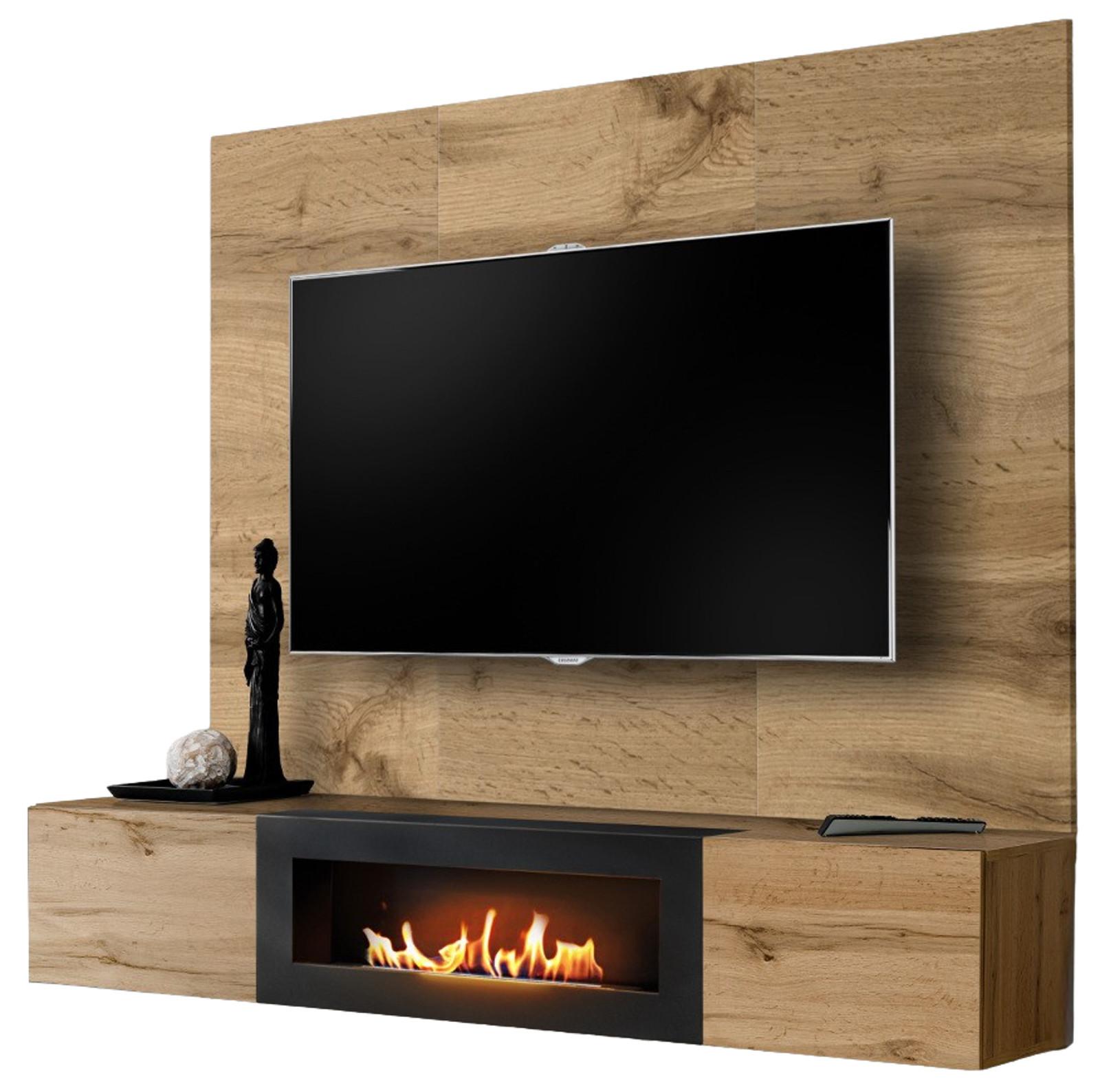 TV-LOWBOARD Eiche Wotan 180 cm hängend, Set inklusive Ethanol Kamin und Wandpaneel - Eiche Wotan, Holzwerkstoff (180/148/40cm) - Inn.Furn
