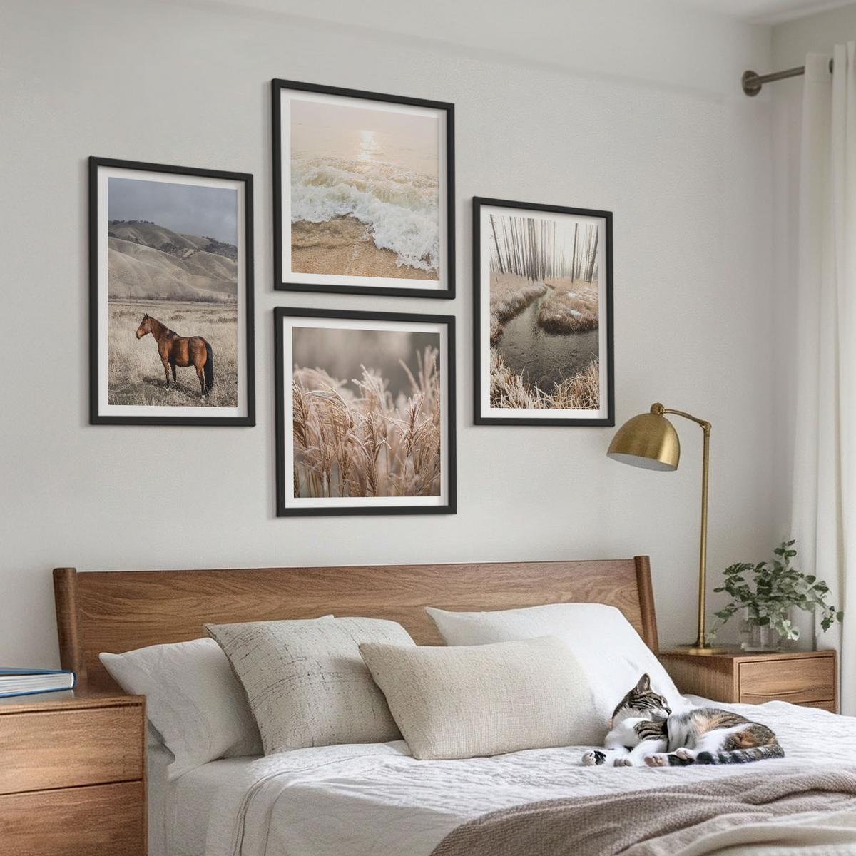 BILDER SET 4er Set - 50x50 cm & 40x60 cm Schwarzer Rahmen - Pferdelandschaft Seegraswald - Schwarz, Kunststoff (50/50cm) - TULUP