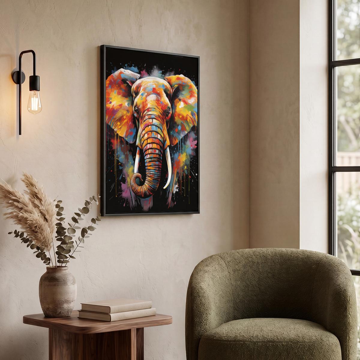 LEINWAND Bilder mit Rahmen - Elefant - Graffiti - Schwarz - Tiere - Farben - 60x80 - Schwarz, Textil (60/80cm) - MuchoWow