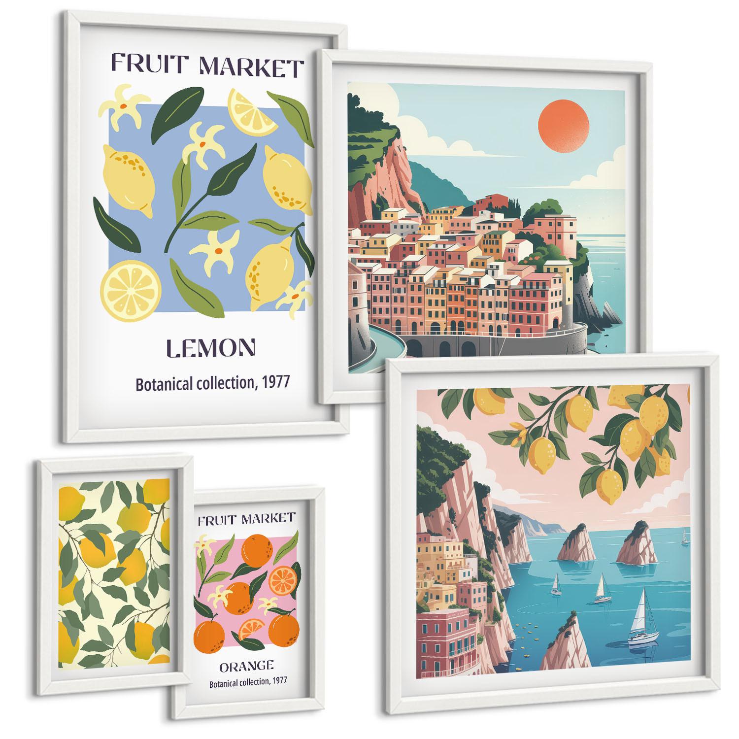 BILDER SET 5er Set - 50x50 cm & 20x30 cm & 40x60 cm Weißer Rahmen - Italienische Zitronenurlaube Capri - Weiß, Kunststoff (40/60cm) - TULUP
