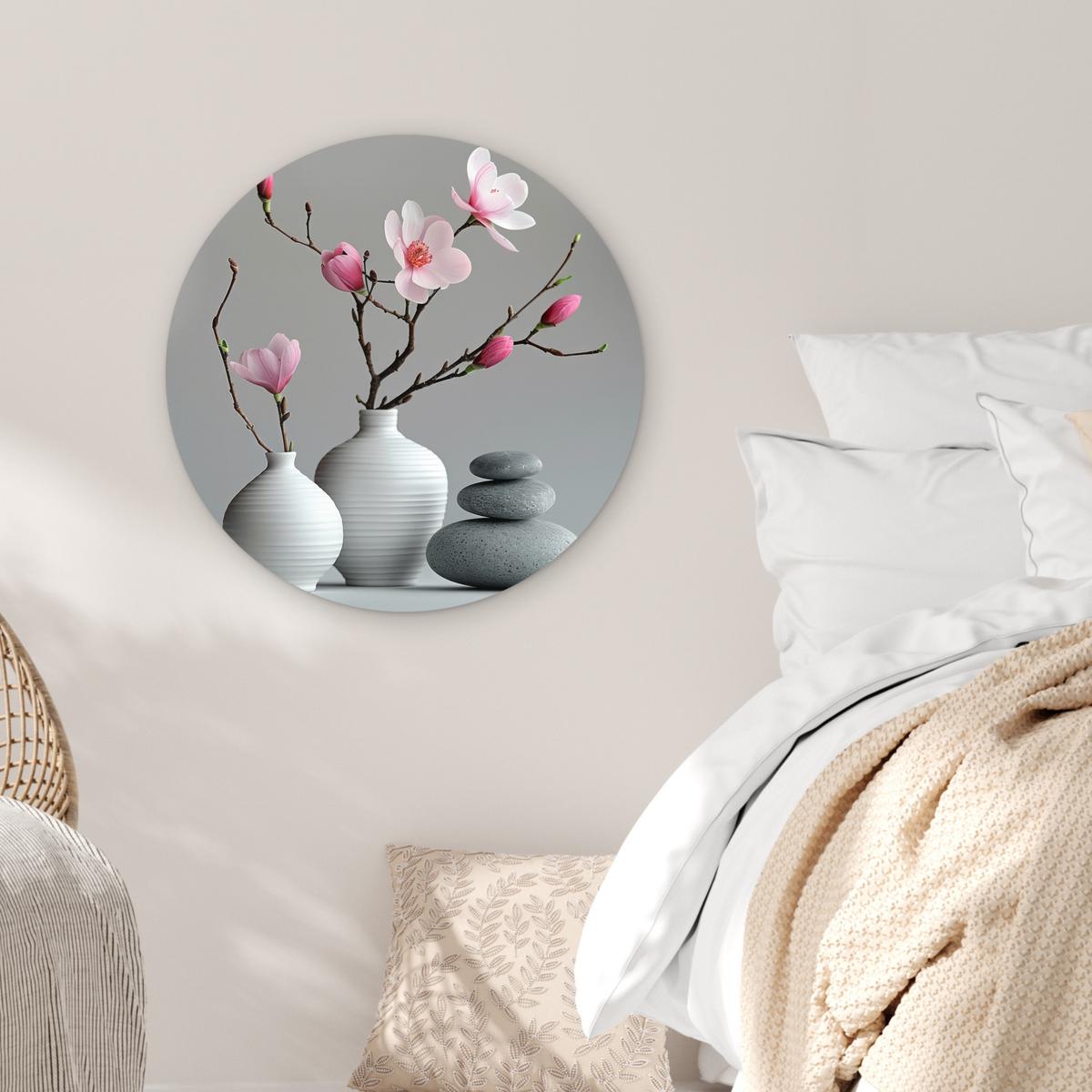 WANDBILD Magnolie - Blumen - Rosa - Zen-Steine Wanddeko Schlafzimmer 60x60 cm - Hellgrau, Kunststoff (60/60cm) - MuchoWow