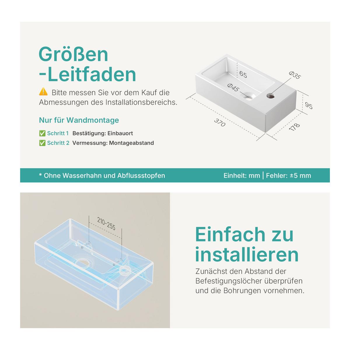 HANDWASCHBECKEN mit Hahnloch rechts Glänzend Weiß 37 / 17,8 / 9,5 cm - Weiß Hochglanz, Keramik (37/9.5/17.8cm) - EMKE