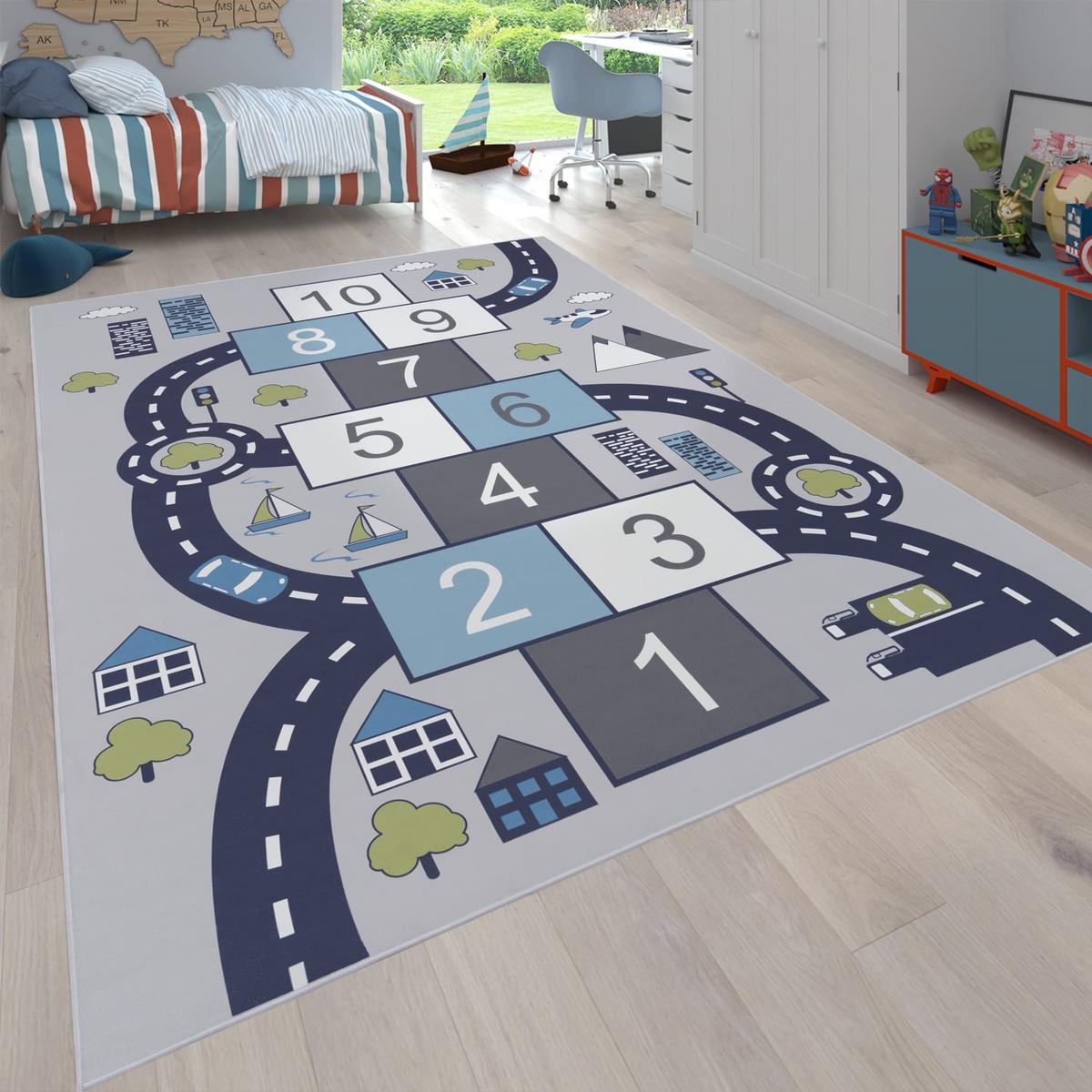 KINDERTEPPICH Waschbar, mit Zahlen‑Hüpfkästchen‑Muster, Grau, 100 x 200 cm - Grau, Textil (200/100cm) - KADIMA DESIGN