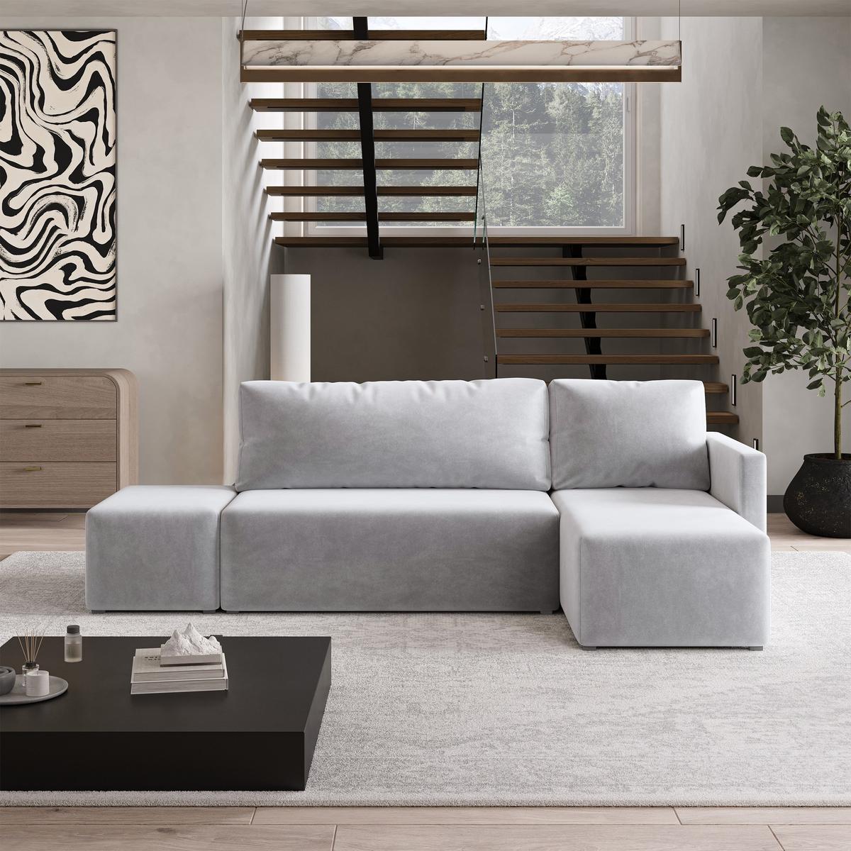 ECKSOFA VELOTTI R-S Hellgrau Plüsch-Stoff mit Schlaffunktion - Hellgrau, Holz (261/143cm) - MASSENO