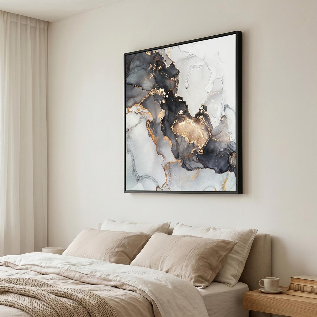 LEINWAND Bilder mit Rahmen - Marmor - Schwarz - Weiß - Gold - Luxus - Abstrakt - 90x90 - Goldfarben, Textil (90/90cm) - MuchoWow