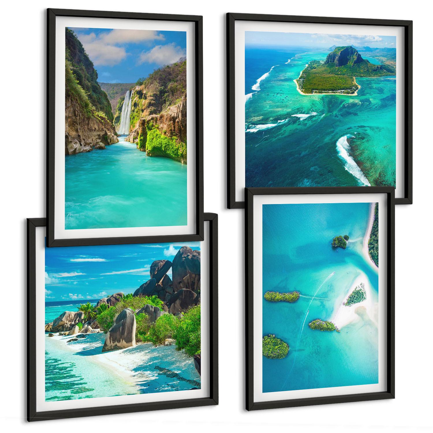 BILDER SET 4er Set - 50x50 cm & 40x60 cm Schwarzer Rahmen - Tropische türkisfarbene Inseln - Schwarz, Kunststoff (50/50cm) - TULUP
