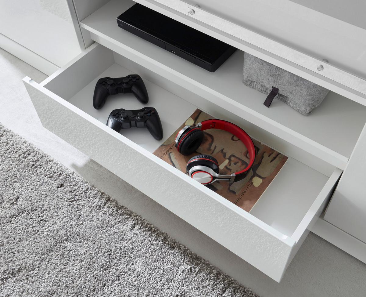 TV-LOWBOARD weiß Hochglanz 201 x 66 cm, TV Unterteil in Komforthöhe mit Soft-Close - Chromfarben/Weiß Hochglanz, Holzwerkstoff/Kunststoff (201/66/43cm) - Furn.Design