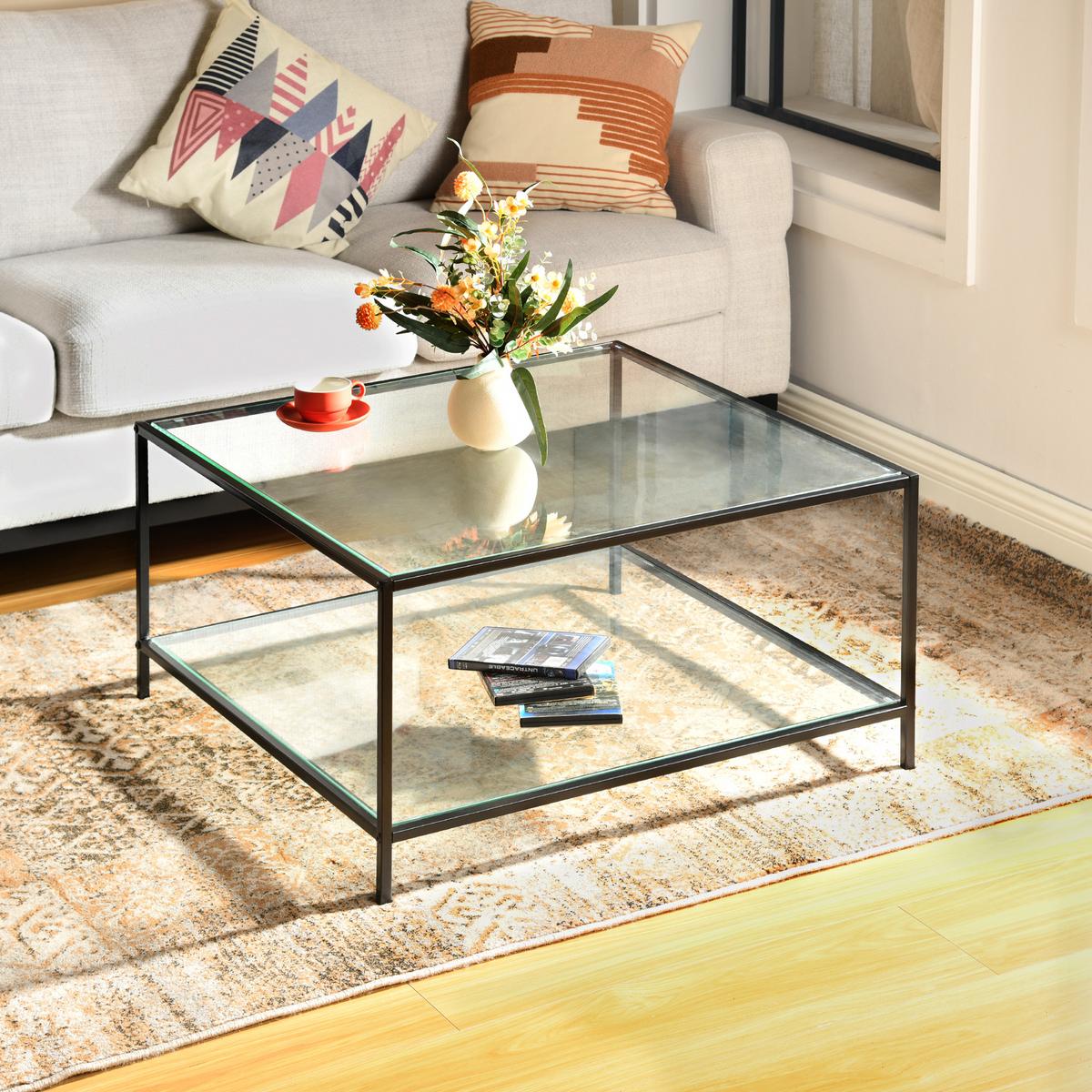 COUCHTISCH Glasplatte kratzfest & Metallgestell stabil 80X80cm - Schwarz, Glas/Metall (80/80/42cm) - Urban Meuble