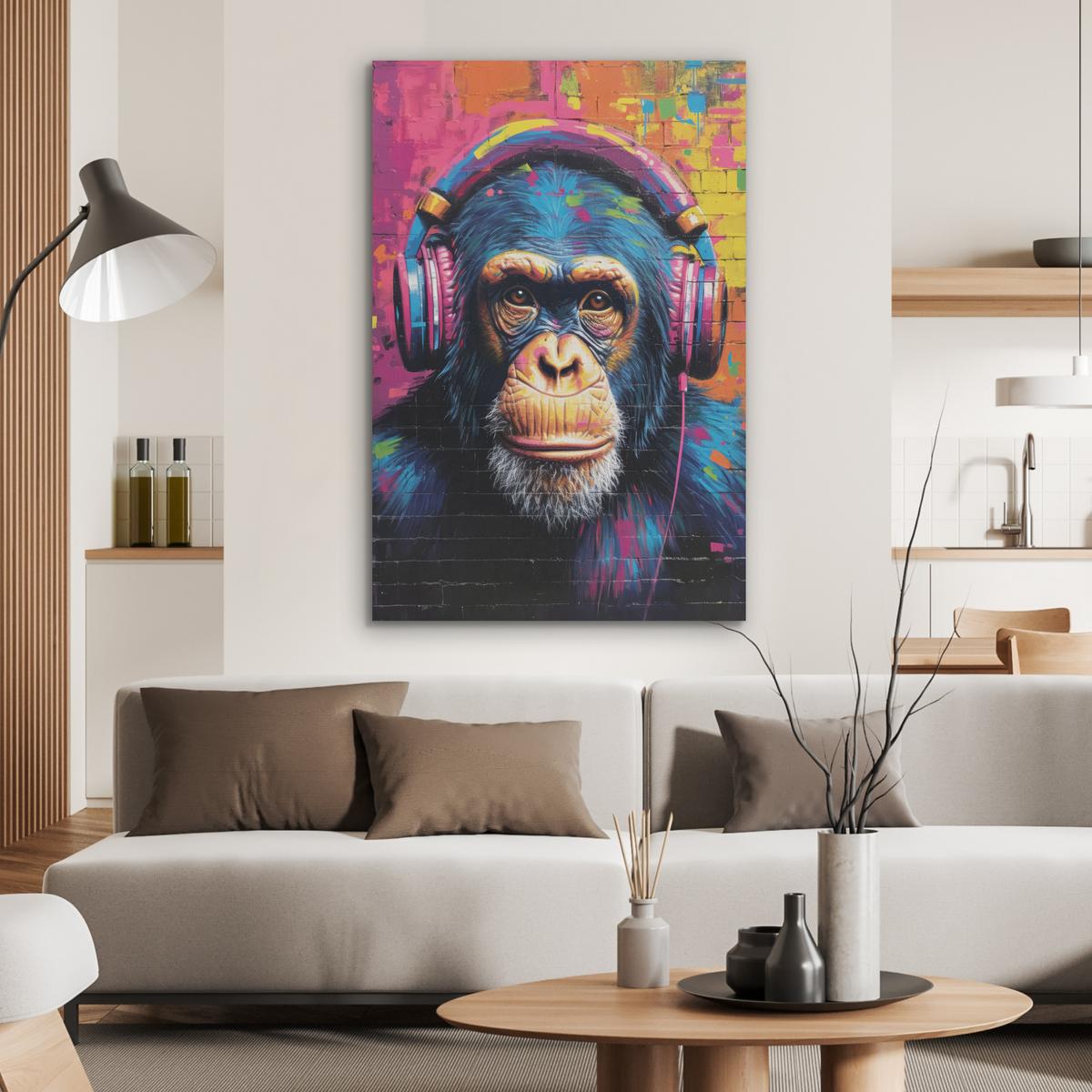 AKUSTIKBILD Graffiti - Schimpanse - Straßenkunst - Kopfhörer - Affe Wanddeko 70x100 cm - Blau, Kunststoff (70/100/0.9cm) - MuchoWow