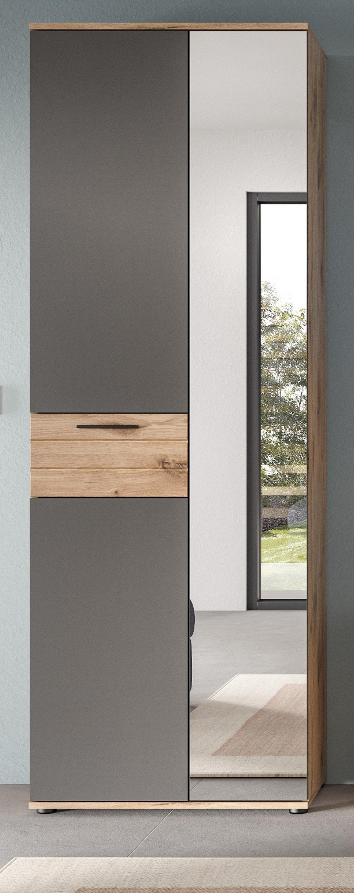 GARDEROBENSCHRANK Eiche, grau 70/200 cm mit Spiegel - Eichefarben/Schwarz, Glas/Holzwerkstoff (70/200/37cm) - Inn.Furn