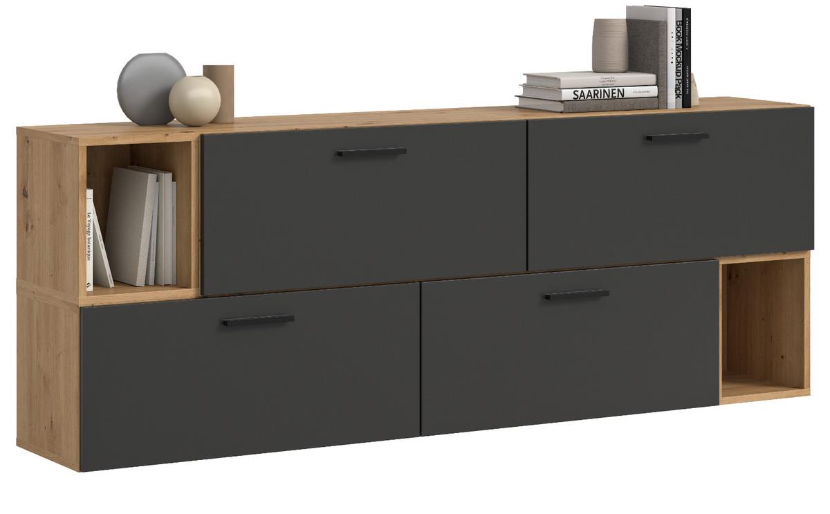 SIDEBOARD grau, Eiche Artisan 176 cm, Kommode hängend / stehend - Schwarz/Eiche Artisan, Holzwerkstoff/Kunststoff (176/65/34cm) - Inn.Furn
