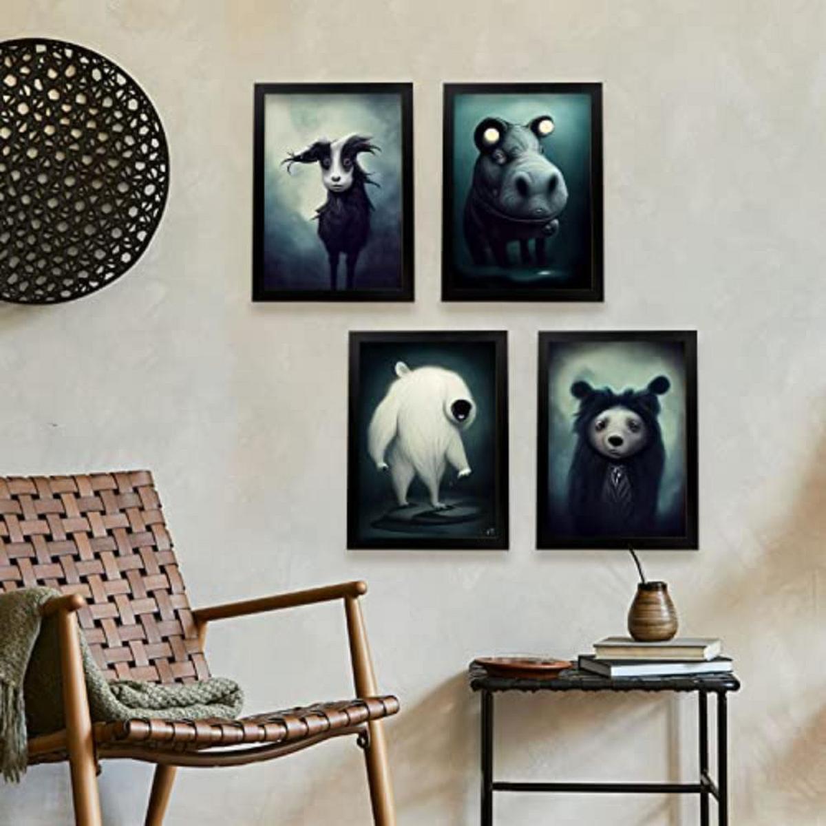 POSTER Set mit 4 Grässlich Tier im T Burton Goth Stil A3 Weißer Rahmen - Weiß, Papier (29.7/3cm) - Nacnic
