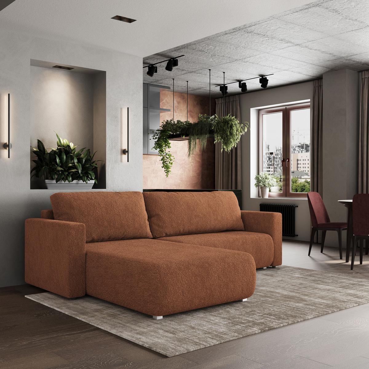 ECKSOFA TURIN N Orange Bucle-Stoff mit Schlaffunktion - Orange/Grau, Holz/Kunststoff (265/183cm) - MASSENO