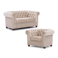 SITZGARNITUR 2+1 Chesterfield Cleo Blink Beige Samt mit Kristallsteppung und braunen Massivholzfüßen - Beige/Braun, Holz/Textil (148/72/86cm) - S-Style Möbel