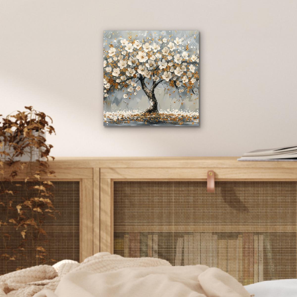 METALLBILD Baum - Blumen - Weiß - Natur - Kunst 20x20 cm - Weiß, Metall (20/20cm) - MuchoWow
