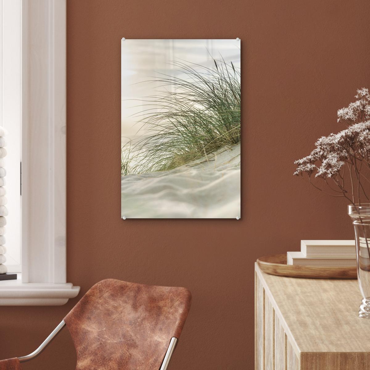ACRYLGLASBILD Dünen mit Strandhafer in der Sonne des Nationalparks Schleswig-Holsteinisches Wattenmeer Wanddeko Wohnzimmer 40x60 cm - Creme, Glas (40/60cm) - MuchoWow