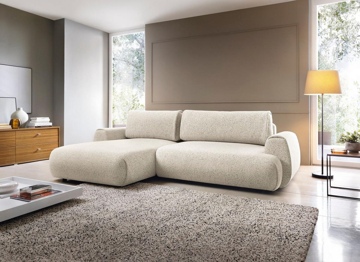 ECKSOFA ZEST Creme Geflochtener Stoff mit Schlaffunktion - Creme, Holz (270/167cm) - MASSENO