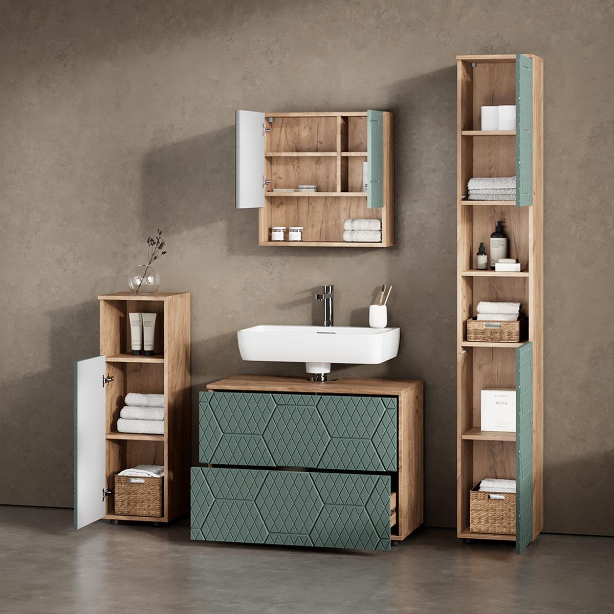 BADMÖBEL-SET Ronco Grün/Goldkraft Eiche 4 Teile, mit Schubladenschrank und Hochschrank - Honigeiche/Grün, Holzwerkstoff (80/58/41cm) - Livinity®