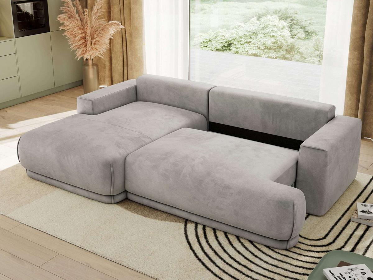ECKSCHLAFSOFA RINA L Hellgrau Velvet - links - Hellgrau/Schwarz, Kunststoff/Textil (267/170cm) - MKS