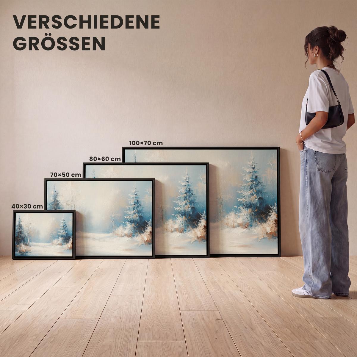 LEINWAND Bilder mit Rahmen - Wald – Winter – Natur – Abstrakt – Schnee - 70x50 - Weiß, Textil (70/50cm) - MuchoWow
