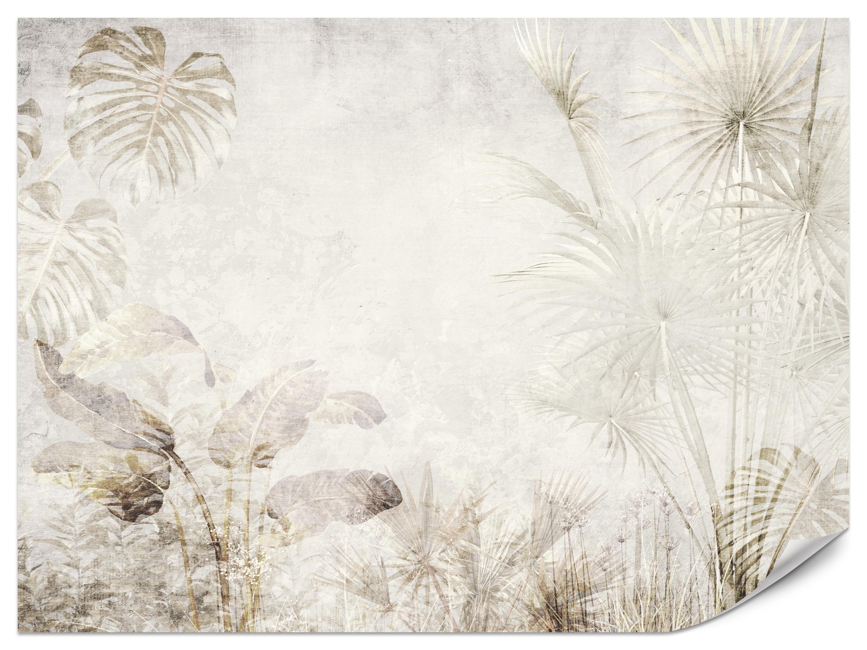 FOTOTAPETE für Wohnzimmer Tropisch Vintage Palmenblätter Beton 200x140 - Beige/Creme, Papier (200/140cm) - Muralo