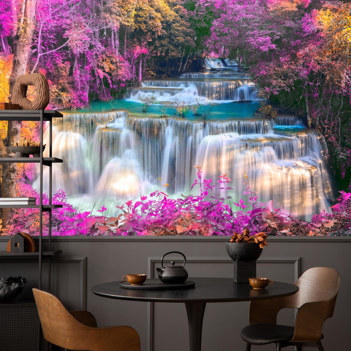 FOTOTAPETE für Schlafzimmer Wasserfall Pinker Wald Fantasie 300x210 - Türkis/Beige, Papier (300/210cm) - Muralo