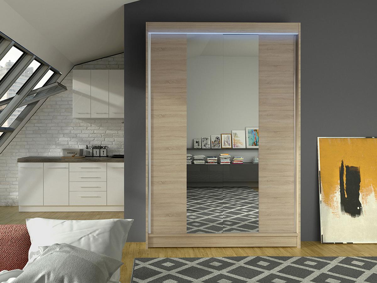 SCHWEBETÜRENSCHRANK Lino II mit RGB LED Beleuchtung - Sonoma Eiche, Holzwerkstoff/Metall (120/200/58cm) - MIRJAN24