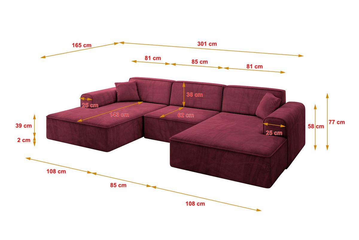 WOHNLANDSCHAFT IREA-U1-v3 - 301x165x77 cm Bordeauxrot - Bordeaux, Holzwerkstoff/Textil (301/77/165cm) - ALTDECOR