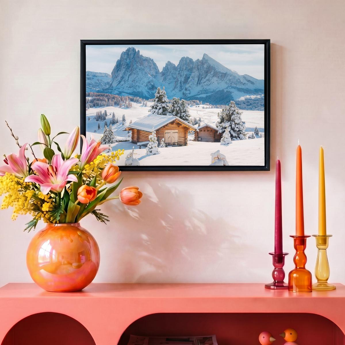 LEINWAND Bilder mit Rahmen - Winter - Hütte - Berge - Aussicht - Schnee - 30x20 - Eichefarben, Textil (30/20cm) - MuchoWow