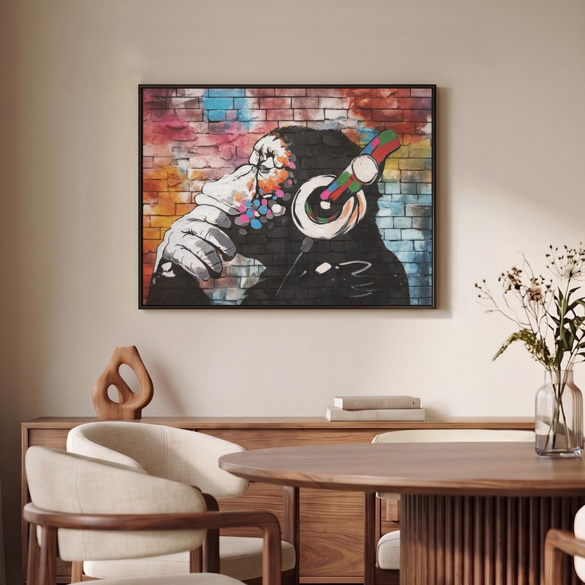 LEINWAND Bilder mit Rahmen - Affe - Graffiti - Musik - 80x60 - Multicolor, Textil (80/60cm) - MuchoWow