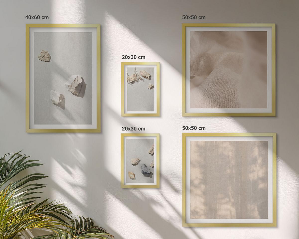 BILDER SET 5er Set - 50x50 cm & 20x30 cm & 40x60 cm Goldrahmen - Boho-Stranddekorationen aus Steinen - Goldfarben, Kunststoff (40/60cm) - TULUP