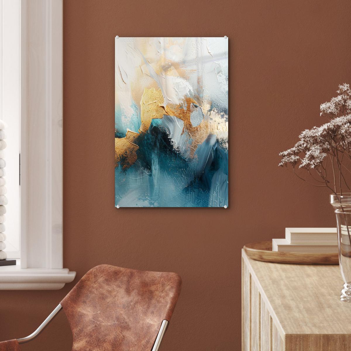 ACRYLGLASBILD Abstrakt - Kunst - Gold - Blau Wanddeko Wohnzimmer 40x60 cm - Petrol, Glas (40/60cm) - MuchoWow