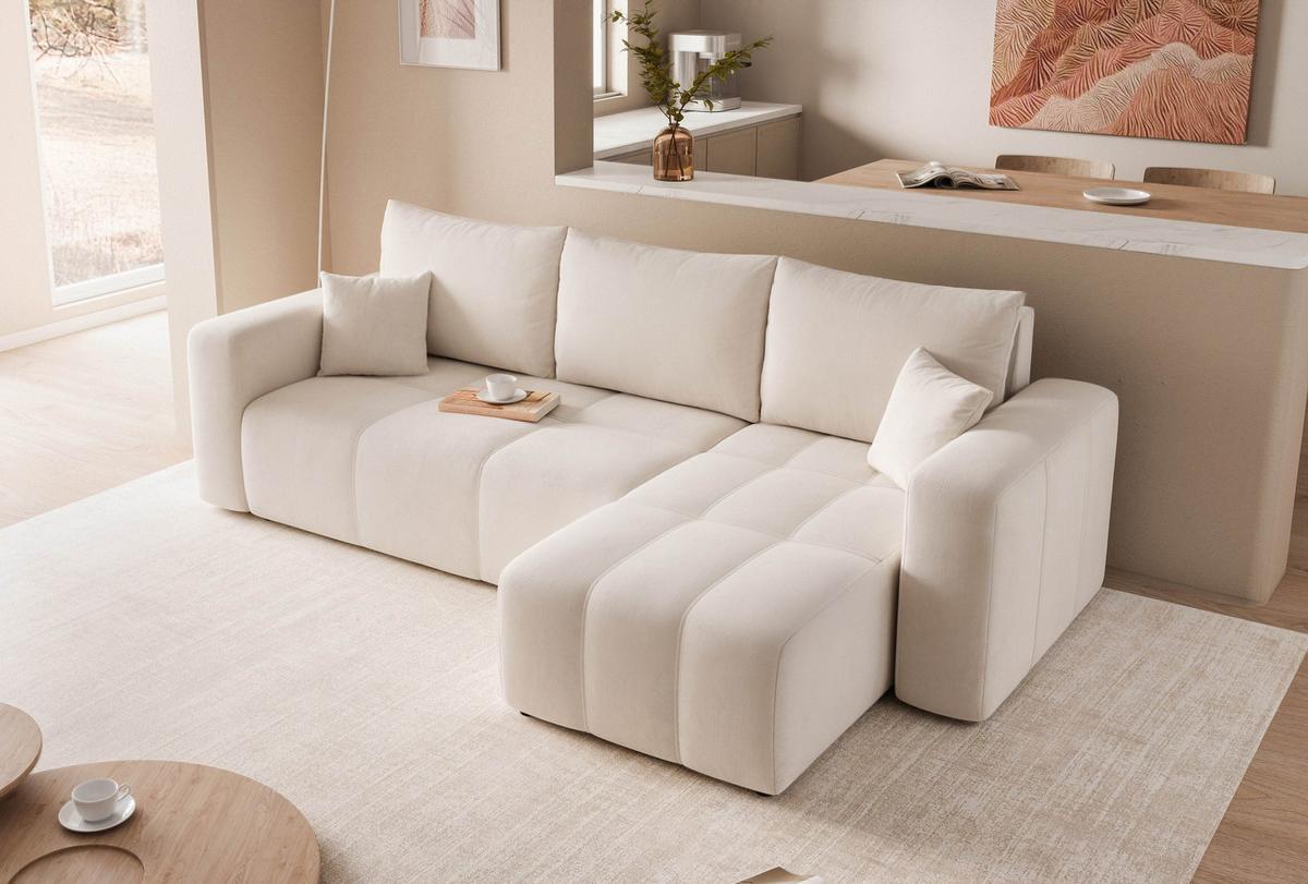ECKSOFA Creme Velours mit Bettkasten und Schlaffunktion - Creme, Textil (248/145cm) - Idohome