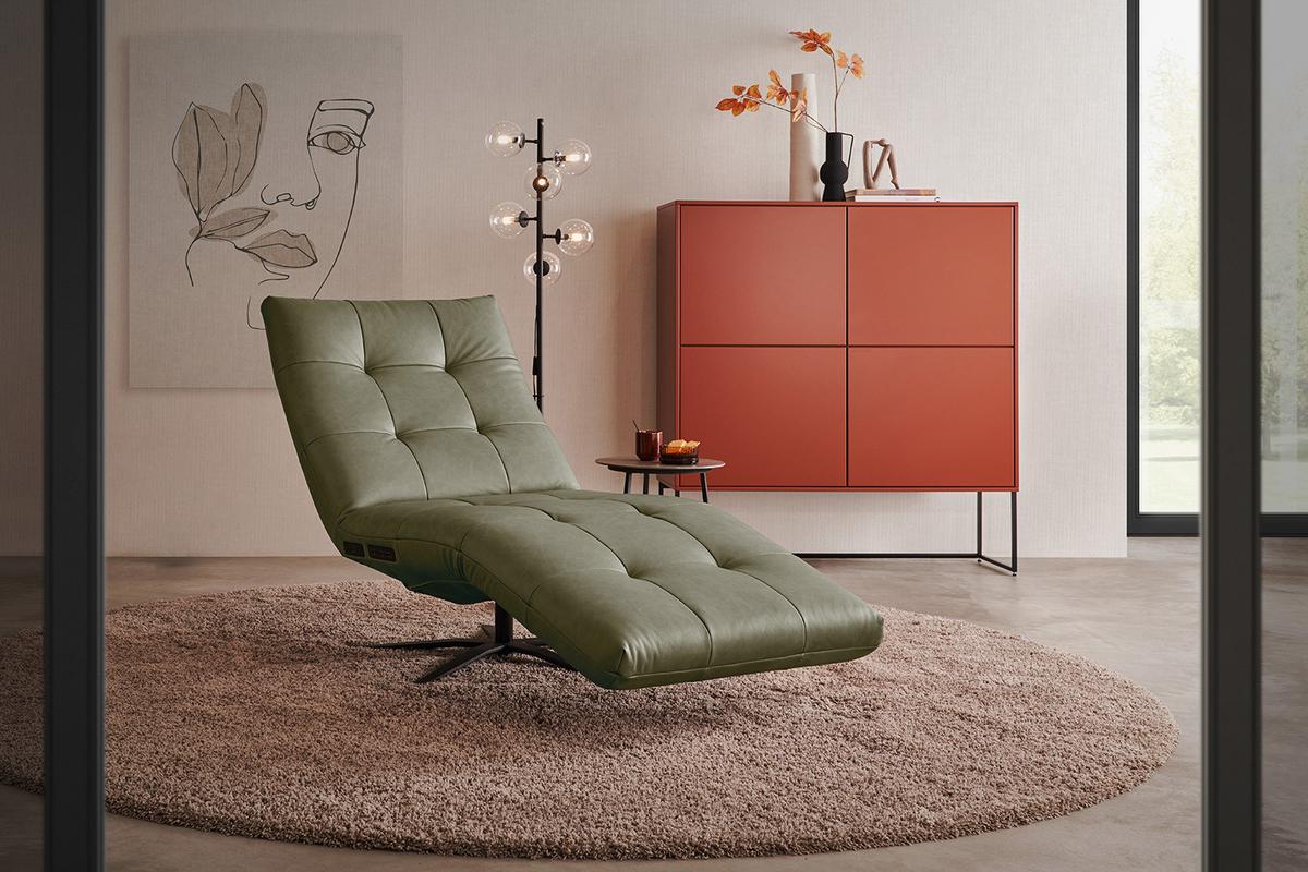 RELAXLIEGE LETICIA Grün Leder Drehbar (360°), Relaxfunktion - Schwarz/Olivgrün, Leder/Metall (82/115/156cm) - KAWOLA