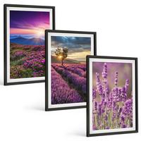 BILDER SET 3er Set - 40x60 cm Schwarzer Rahmen - Sonnenuntergang auf Lavendelfeldern - Schwarz, Kunststoff (40/60cm) - TULUP