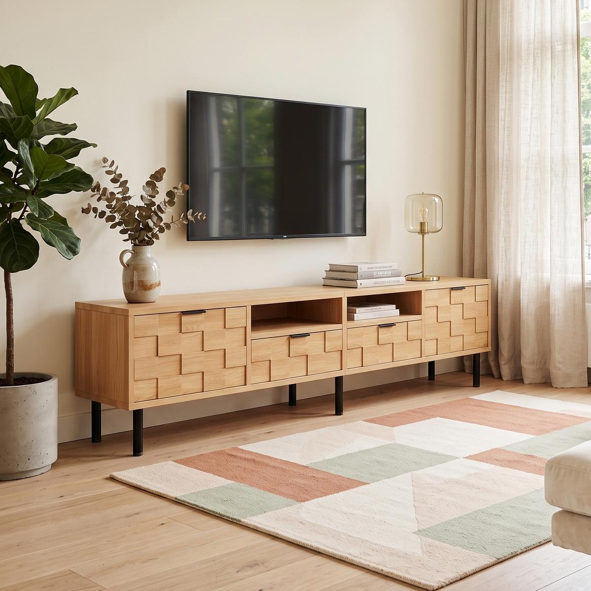 LOWBOARD Naturholzoptik 200cm für 80 Zoll TV, 3D-Dekor, 2 Türen & 2 Schubladen - Naturfarben, Holzwerkstoff (200/44.5/35cm) - Urban Meuble