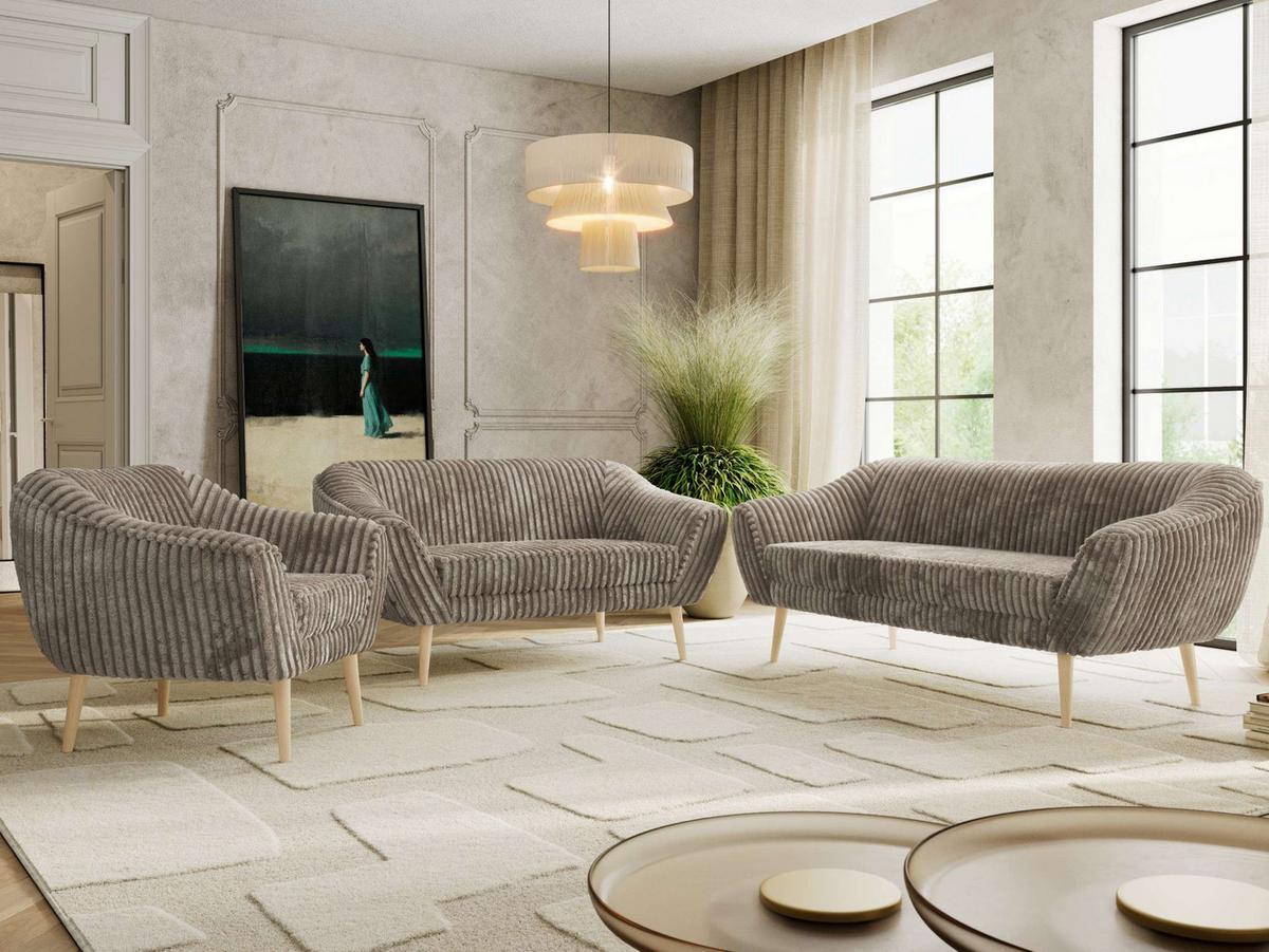 SITZGARNITUR PIRS 3+2+1 - Hellbraun Cord - Holzbeine - Hellbraun/Buchefarben, Holzwerkstoff/Textil (180/75/74cm) - MKS