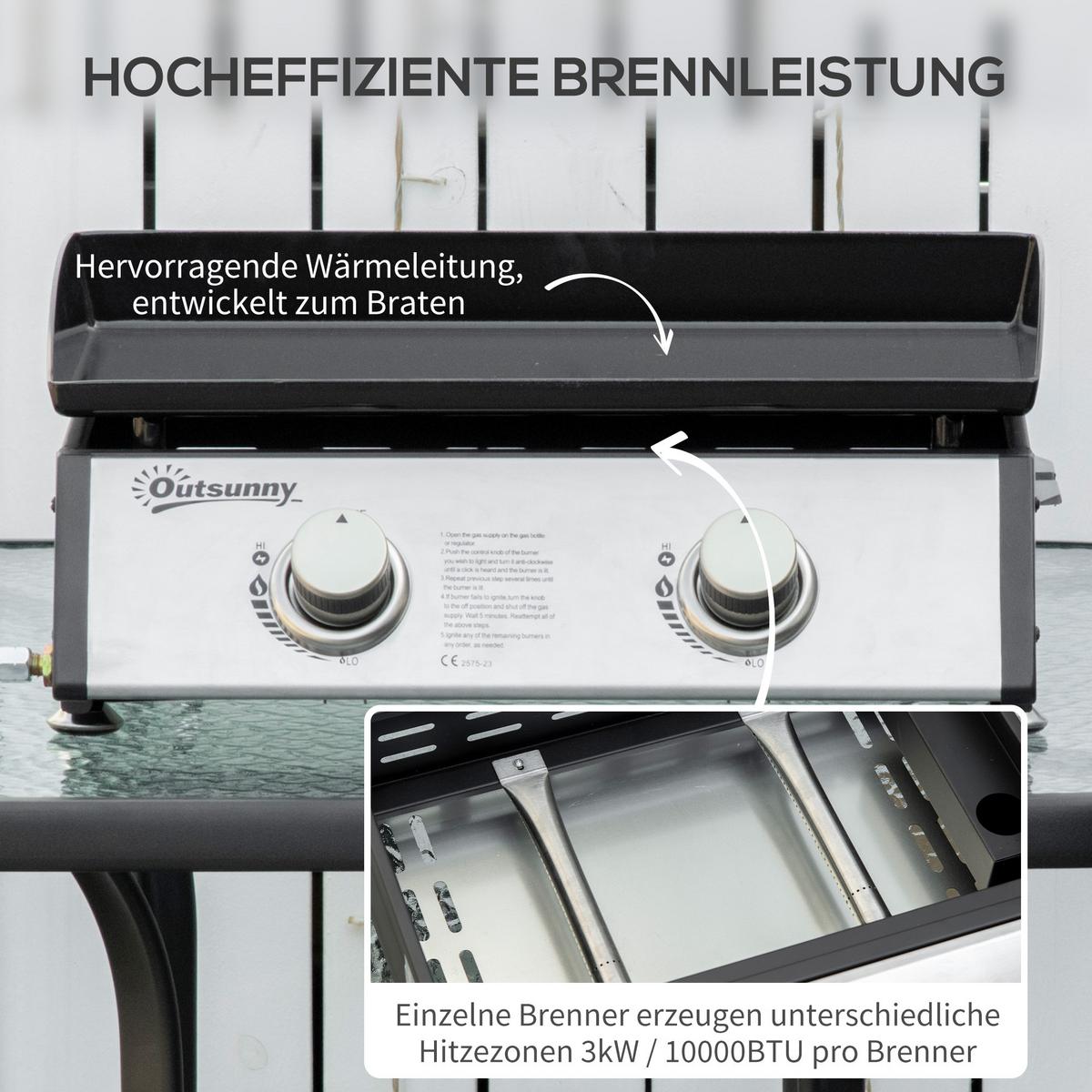 GASGRILL BBQ mit 2 Brennern, Edelstahl+Metall, Silber, 48,5 x 46 x 21 cm - Silberfarben, Metall (48/21/48.5cm) - Outsunny