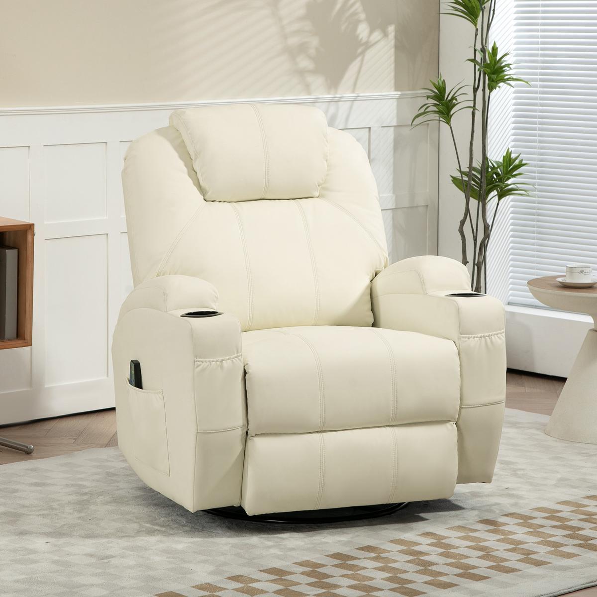 RELAXSESSEL mit Massagefunktion, Elektrisch Fernsehsessel mit Liegefunktion - Creme/Schwarz, Leder/Kunststoff (99/106/89cm) - HOMCOM