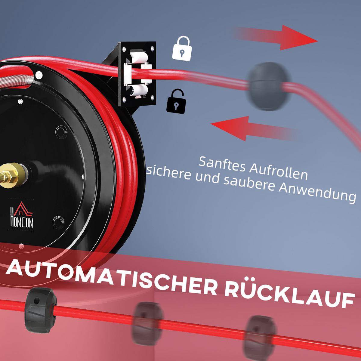 SCHLAUCHTROMMEL Automatische Druckluft 15m+1m mit 1/4' Anschluss 20 bar Druck - Multicolor, Metall (11.5/44/40.5cm) - HOMCOM