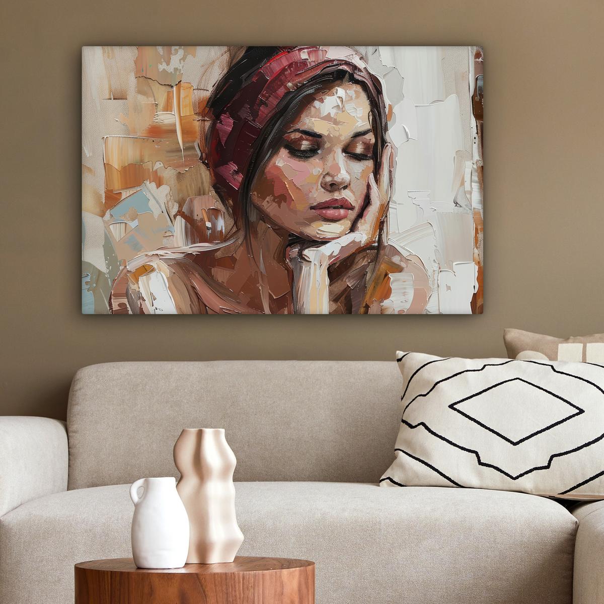 LEINWANDBILD Frau - Lackierung - Porträt - Modern Gemälde 60x40 cm - Altrosa, Textil (60/40cm) - MuchoWow