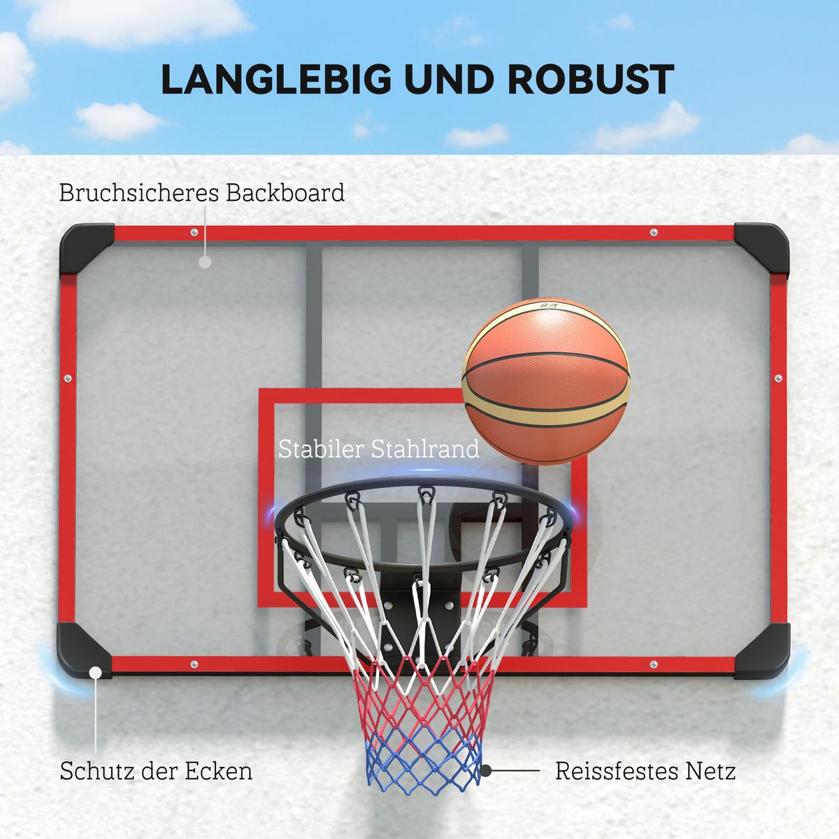 BASKETBALLKORB, Basketballbrett mit Korb, Wandmontage, für Outdoor, Stahl - Rot, Metall (61/113cm) - SPORTNOW