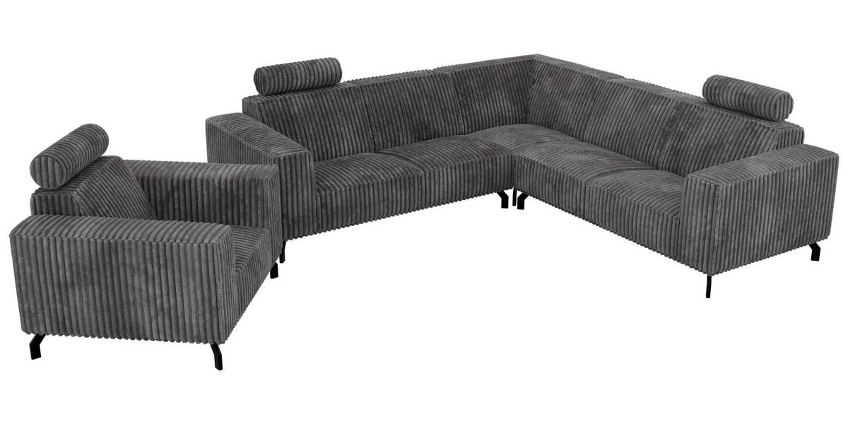 SITZGARNITUR VESANO - Grau Cord - Schwarz/Grau, Textil/Metall (260/90/260cm) - MKS