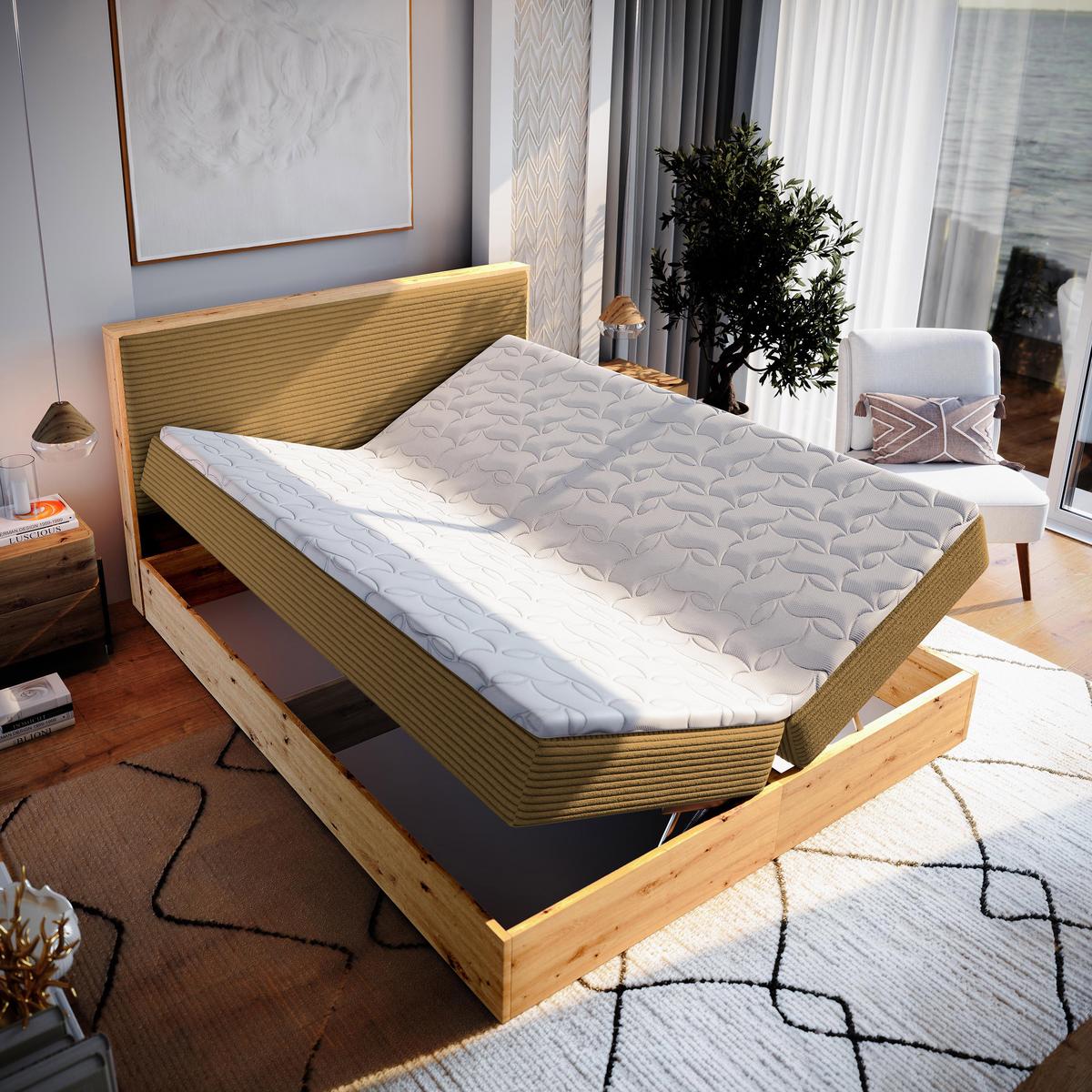 BOXBETT VERDON 140x200 cm mit Matratze und Topper - Gelb - Gelb, Holz (140/200cm) - MASSENO
